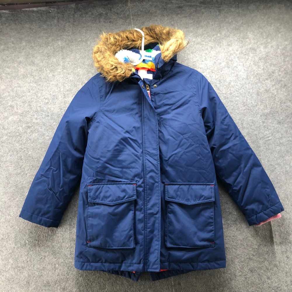 Boden Girls Navy Faux Fur Parka Winter Coat Rainbow Fleece Lined 9-10Y 140cm